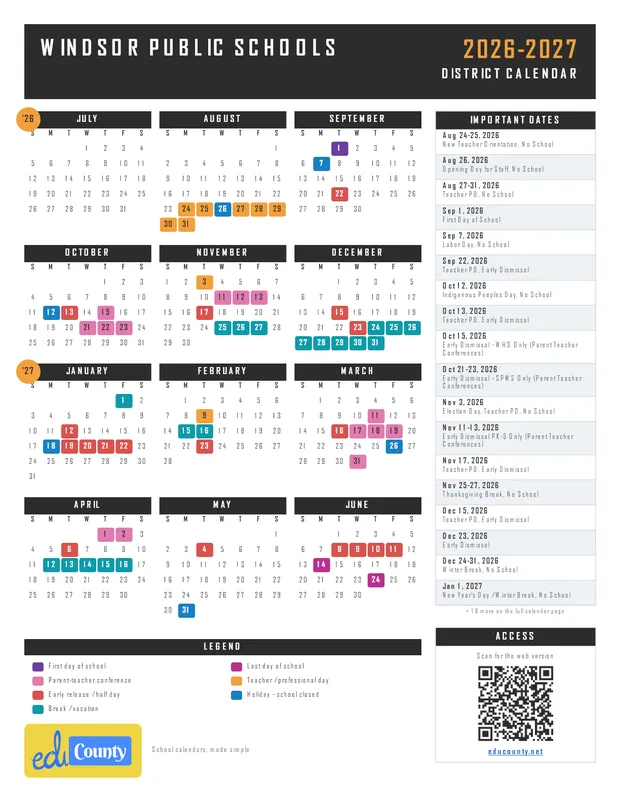 Windsor Public Schools printable 2026-27 calendar