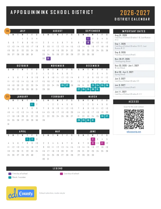 Appoquinimink School District printable 2026-27 calendar