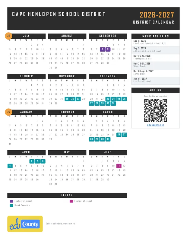 Cape Henlopen School District printable 2026-27 calendar
