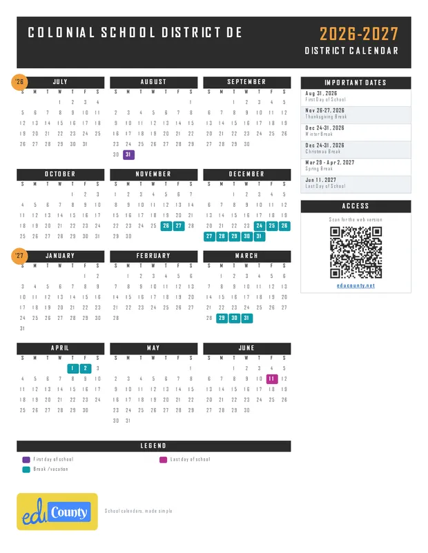 Colonial School District printable 2026-27 calendar