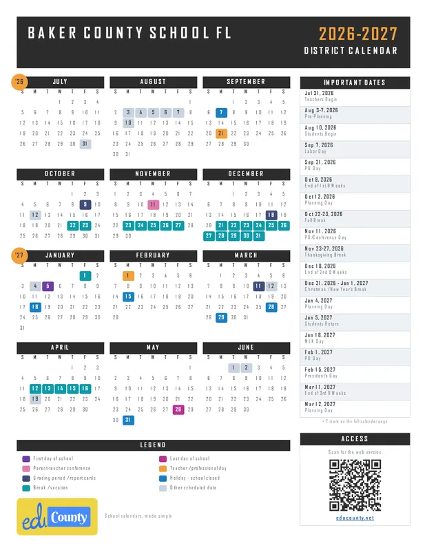 Baker County School printable 2026-27 calendar