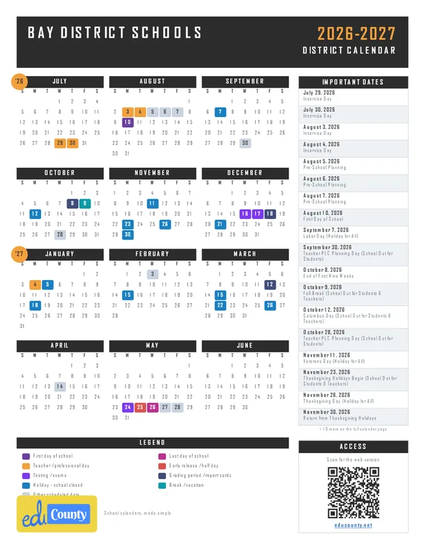 Bay District Schools printable 2026-27 calendar