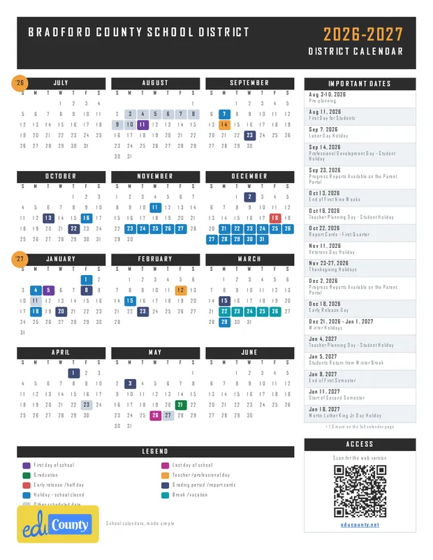 Bradford County School District printable 2026-27 calendar