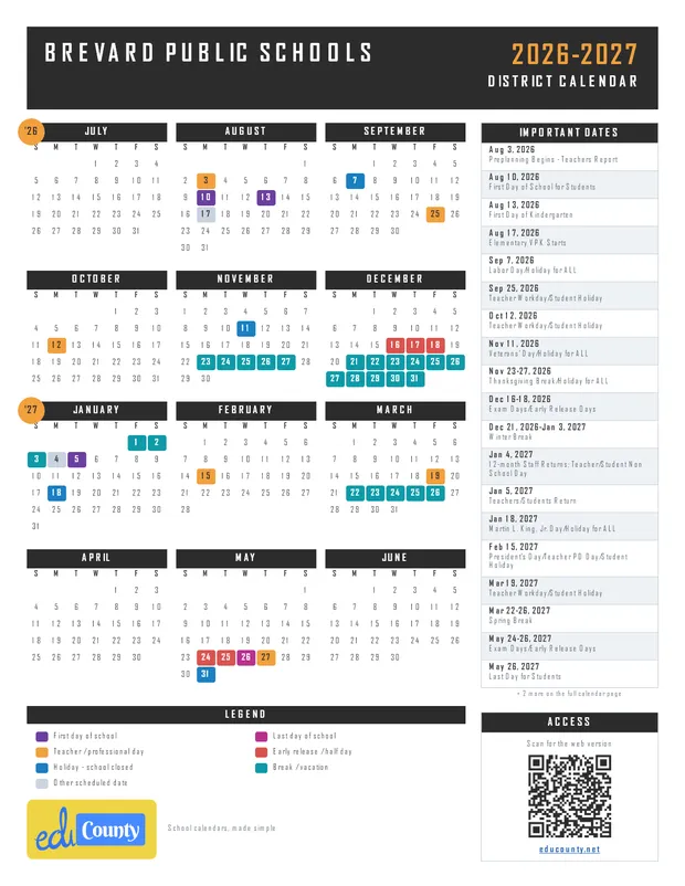 Brevard Public Schools printable 2026-27 calendar