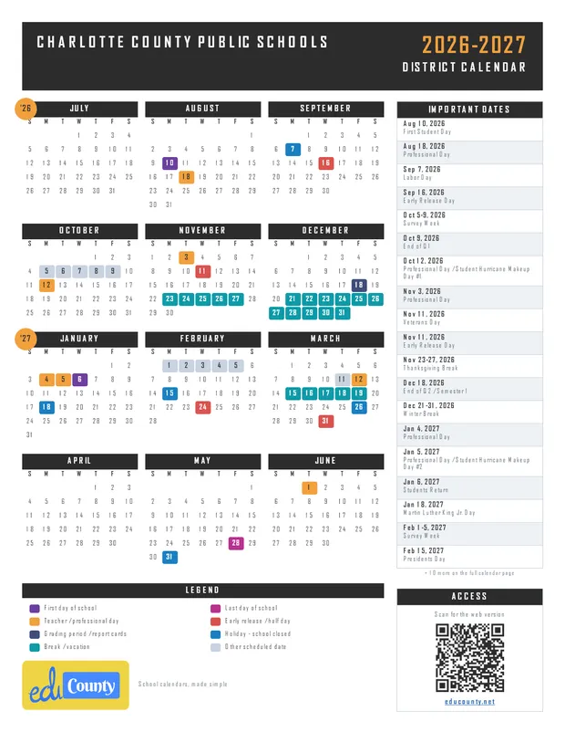 Charlotte County Public Schools printable 2026-27 calendar