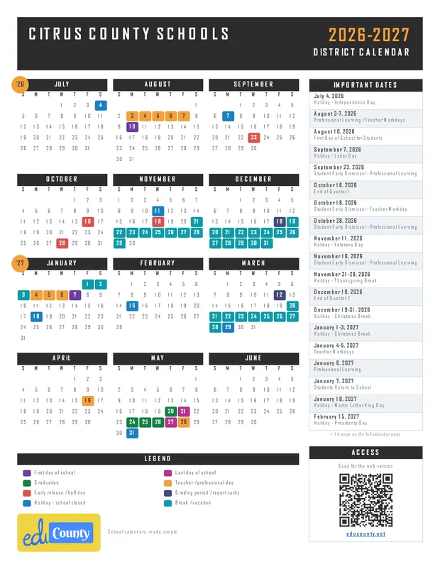 Citrus County Schools printable 2026-27 calendar