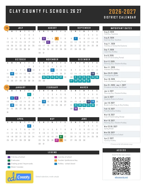 Clay County fl School 26 27 printable 2026-27 calendar