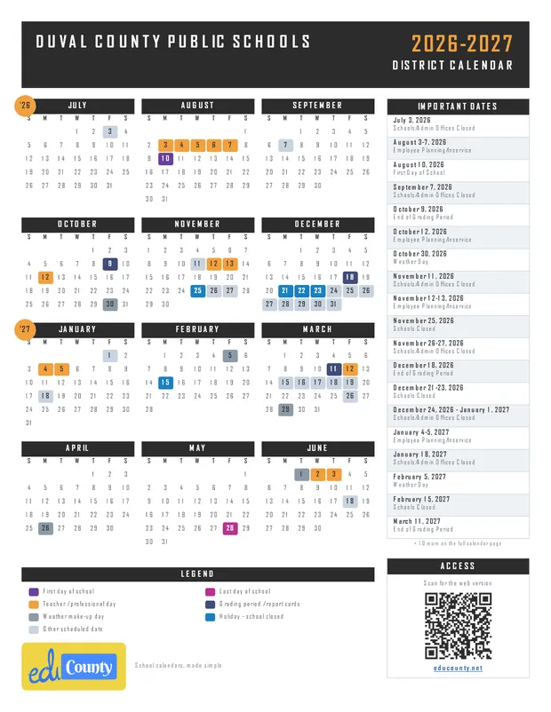 Duval County Public Schools printable 2026-27 calendar