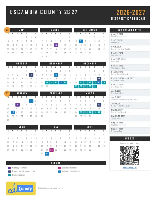 Escambia County 26 27 printable 2026-27 calendar