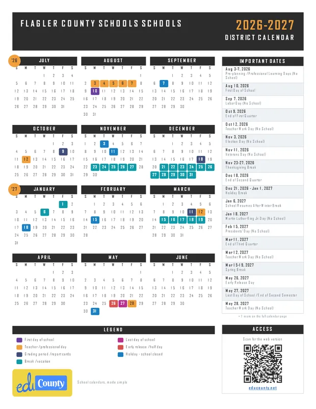 Flagler County Schools printable 2026-27 calendar