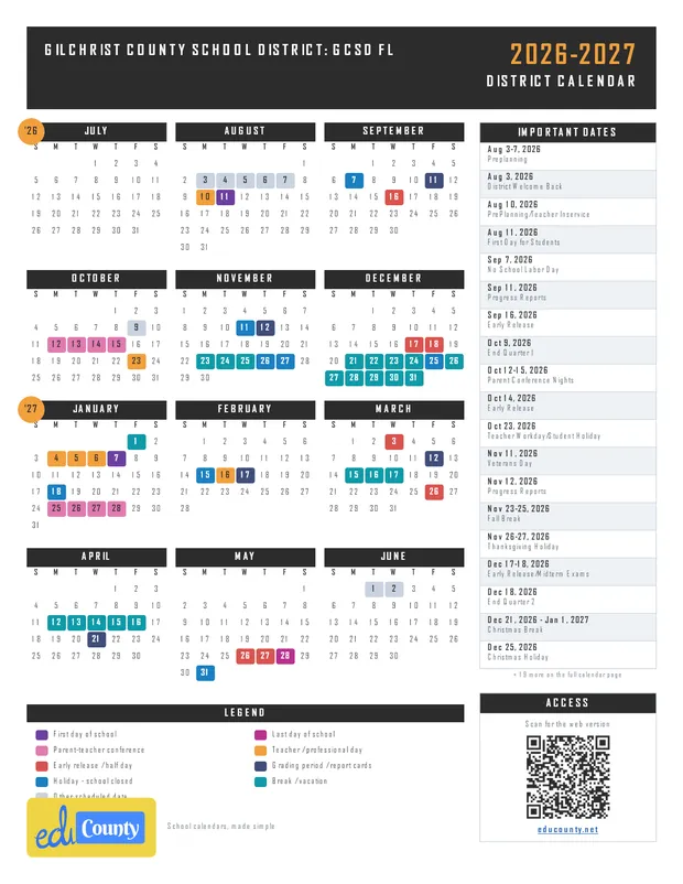 Gilchrist County School District: GCSD printable 2026-27 calendar