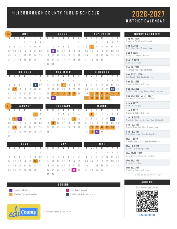 Hillsborough County Public Schools printable 2026-27 calendar