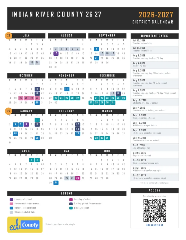 Indian River County 26 27 printable 2026-27 calendar