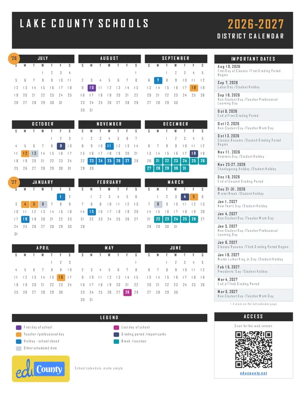 Lake County Schools printable 2026-27 calendar