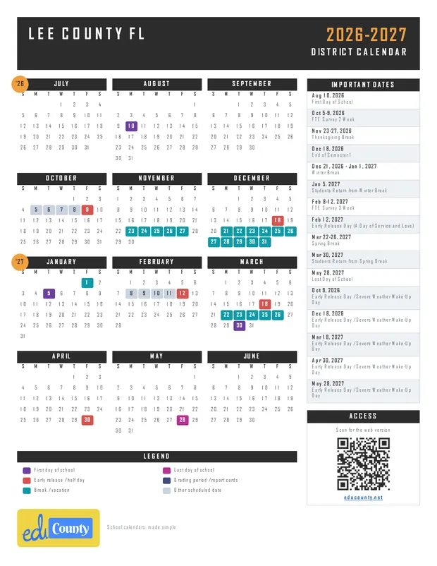 Lee County printable 2026-27 calendar