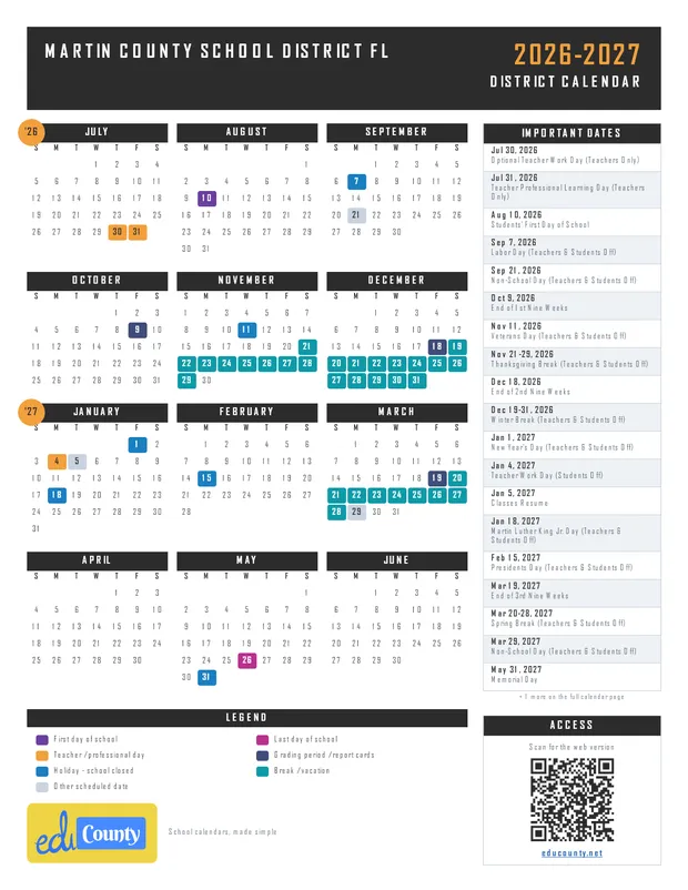 Martin County School District printable 2026-27 calendar