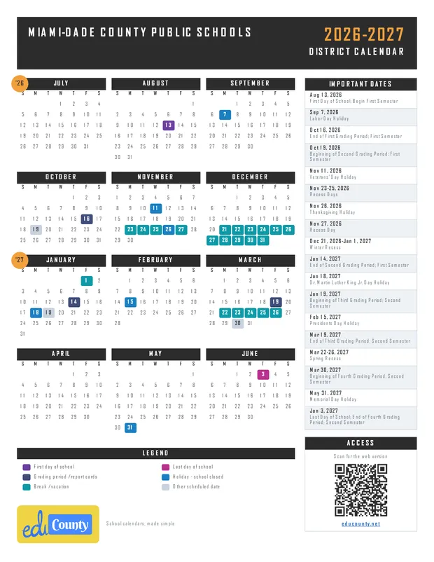 Miami-Dade County Public Schools printable 2026-27 calendar