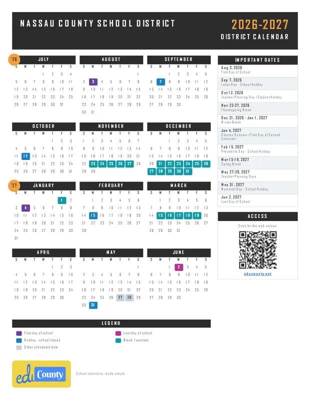 Nassau County School District printable 2026-27 calendar