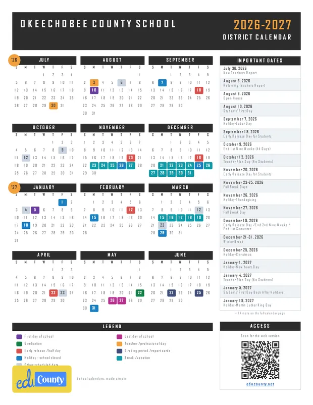 Okeechobee County School printable 2026-27 calendar