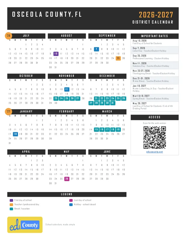 Osceola County printable 2026-27 calendar