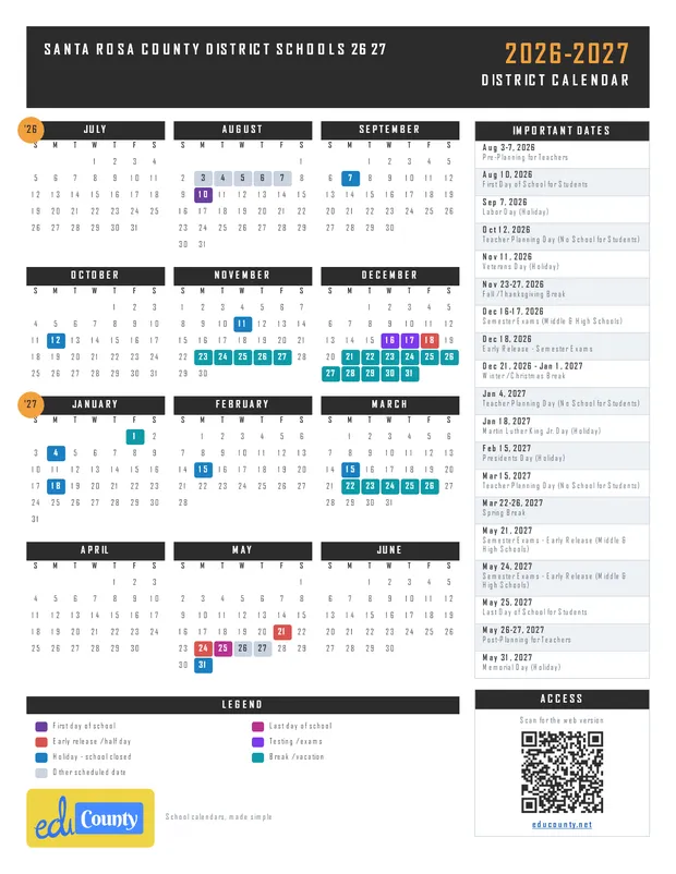 Santa Rosa County District Schools 26 27 printable 2026-27 calendar