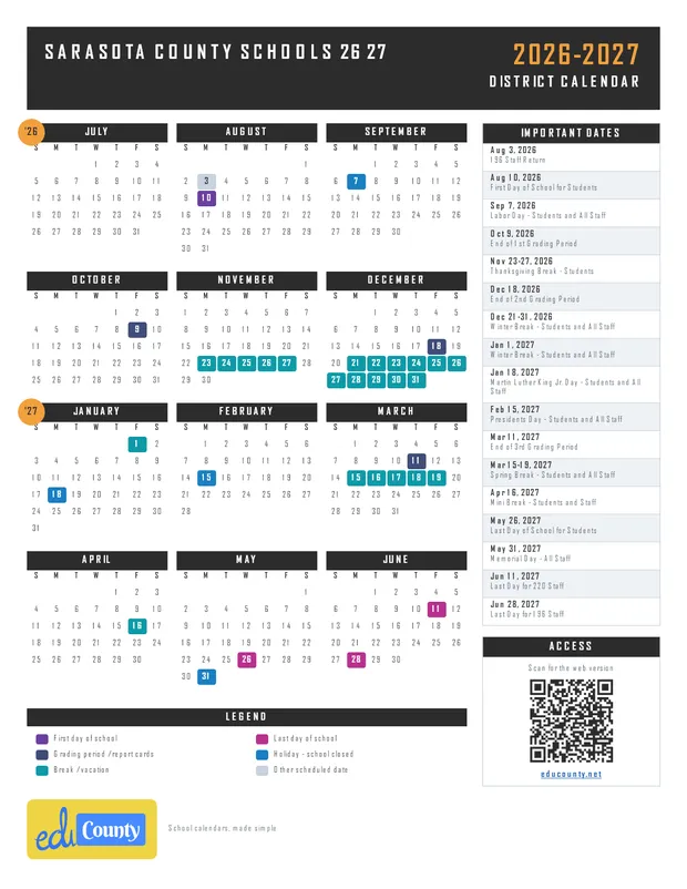 Sarasota County Schools 26 27 printable 2026-27 calendar