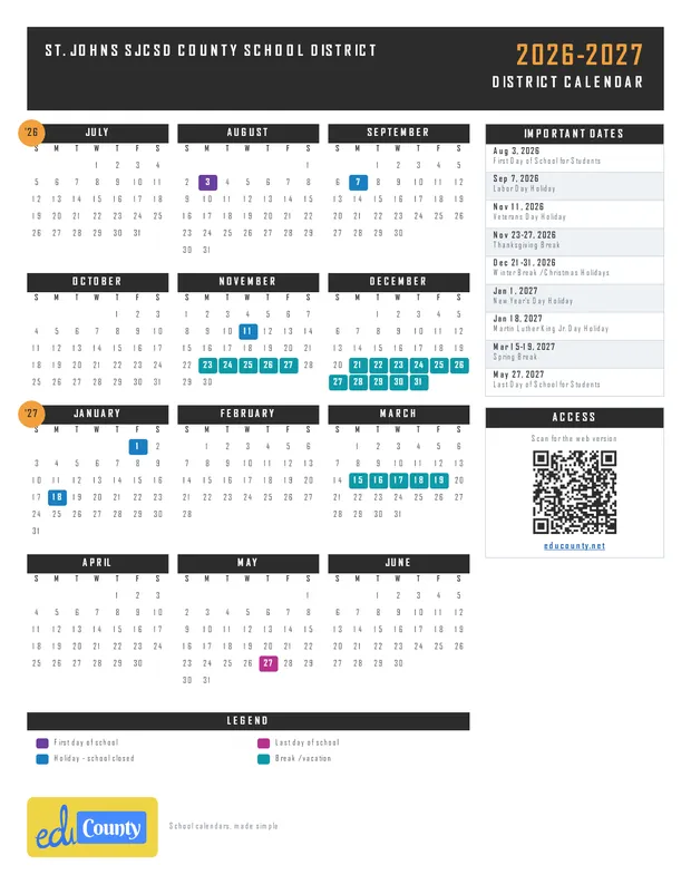 St. johns sjcsd county school district printable 2026-27 calendar
