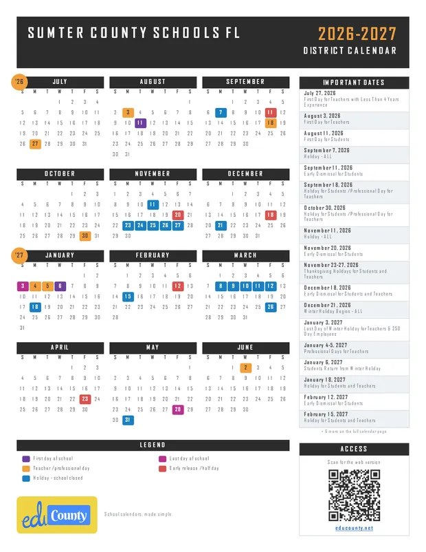 SUMTER COUNTY SCHOOLS printable 2026-27 calendar