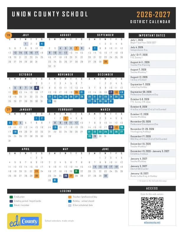 UNION COUNTY SCHOOL printable 2026-27 calendar