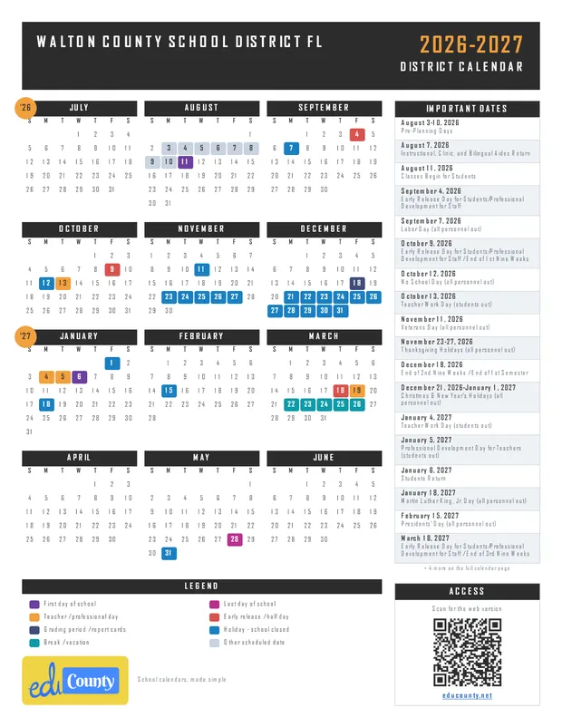 Walton County School District printable 2026-27 calendar