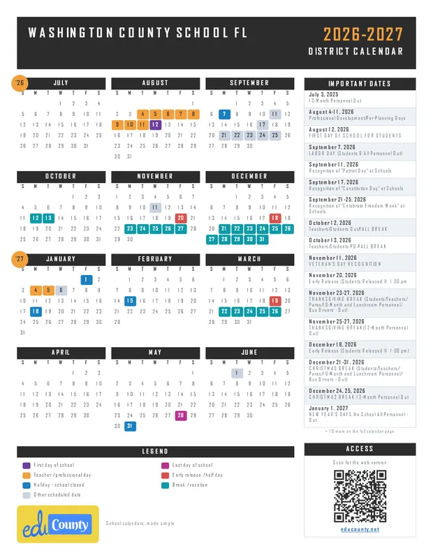 Washington County School printable 2026-27 calendar
