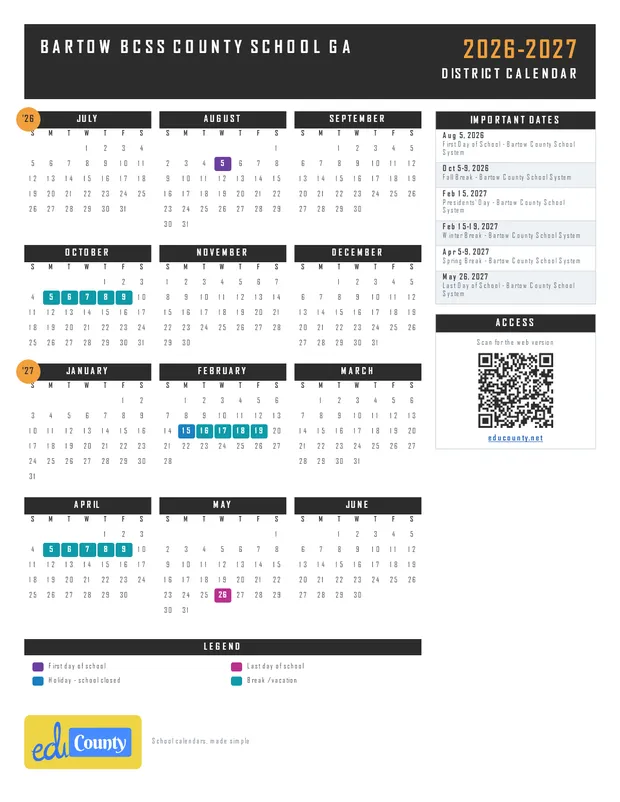 Bartow BCSS County School printable 2026-27 calendar
