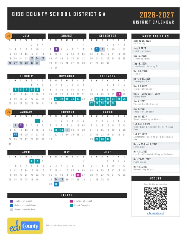 Bibb County School District printable 2026-27 calendar