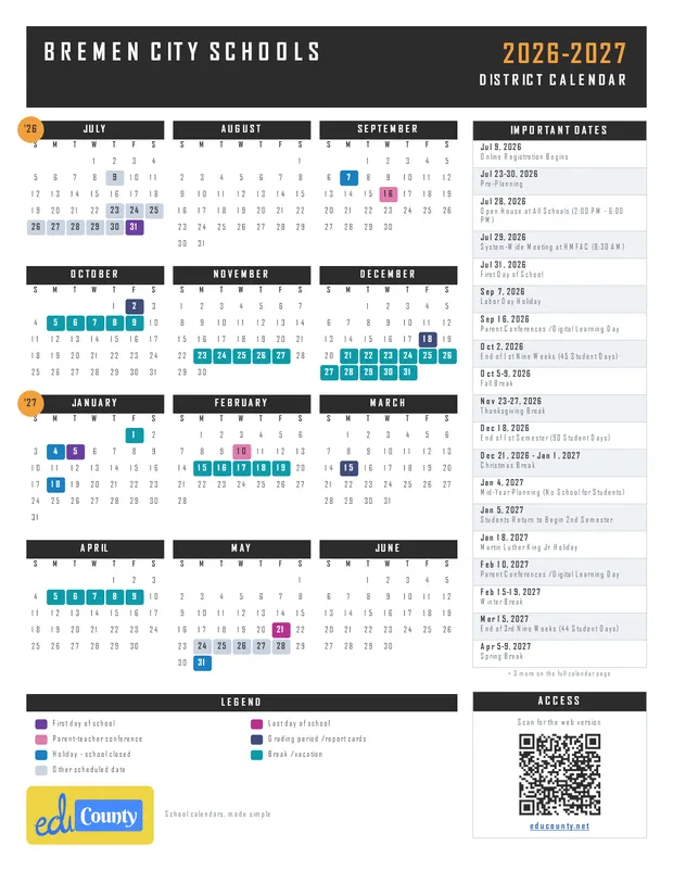 Bremen City Schools printable 2026-27 calendar