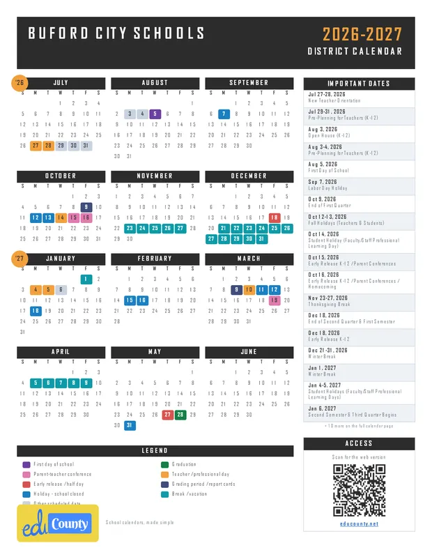 Buford City Schools printable 2026-27 calendar