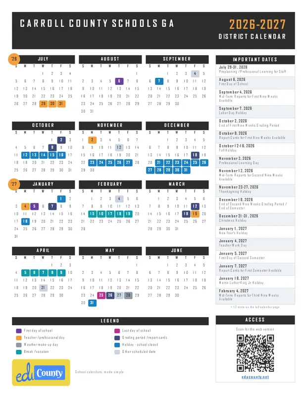 Carroll County Schools printable 2026-27 calendar
