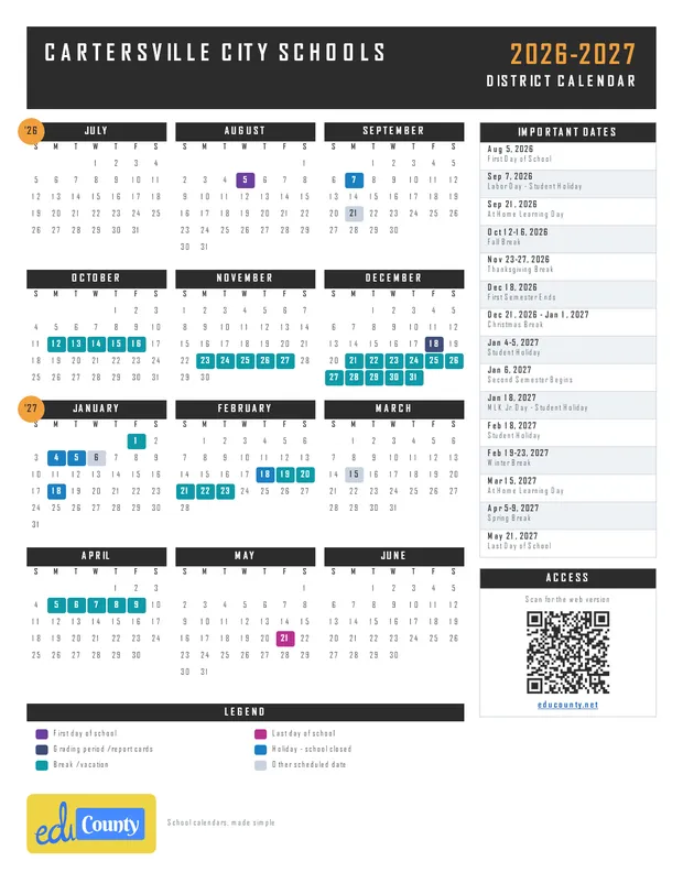 Cartersville City Schools printable 2026-27 calendar