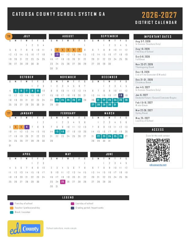 Catoosa County School System printable 2026-27 calendar