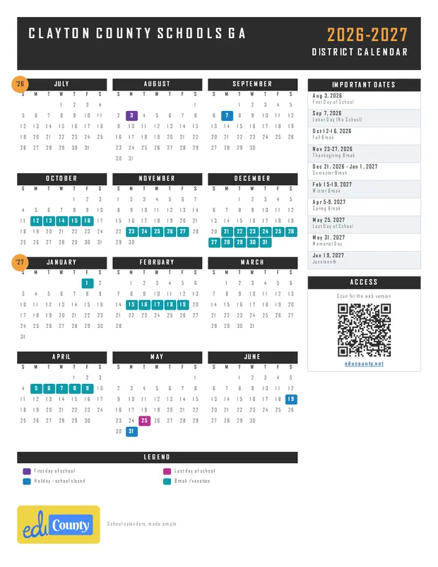 Clayton County Schools printable 2026-27 calendar