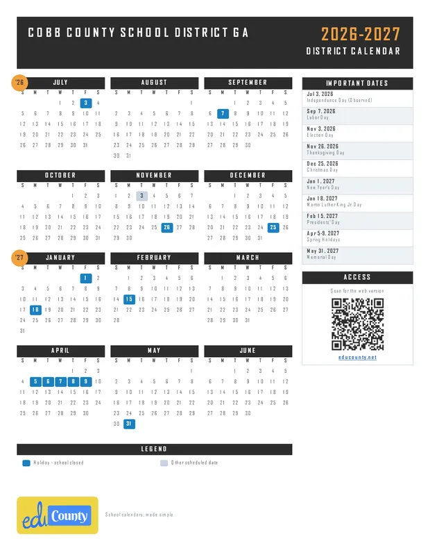 Cobb County School District printable 2026-27 calendar