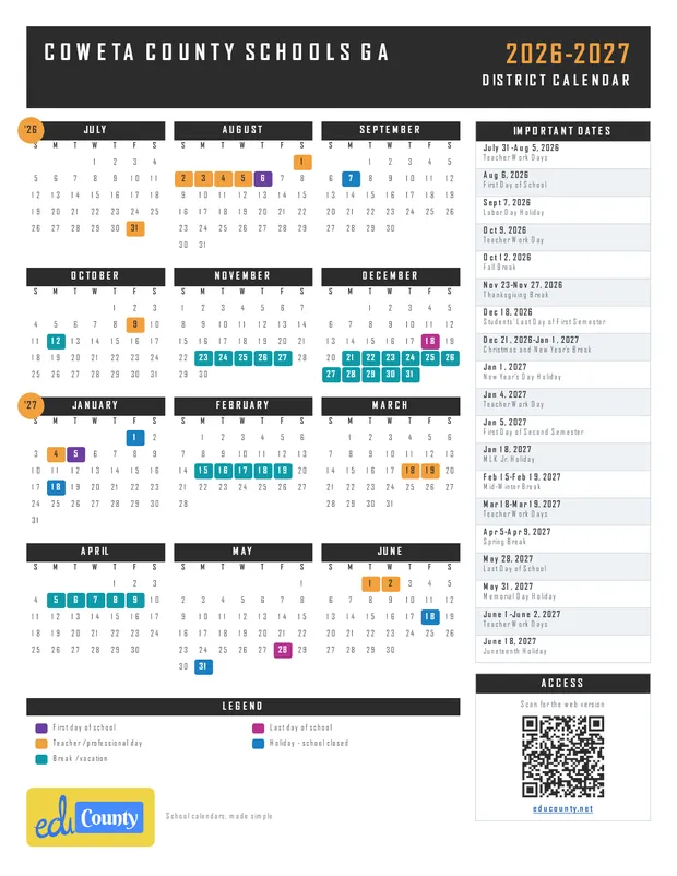 Coweta County Schools printable 2026-27 calendar