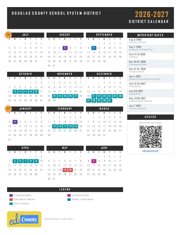 Douglas County School System District printable 2026-27 calendar