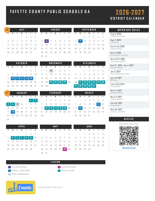 Fayette County Public Schools printable 2026-27 calendar