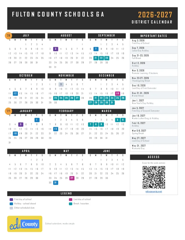Fulton County Schools printable 2026-27 calendar