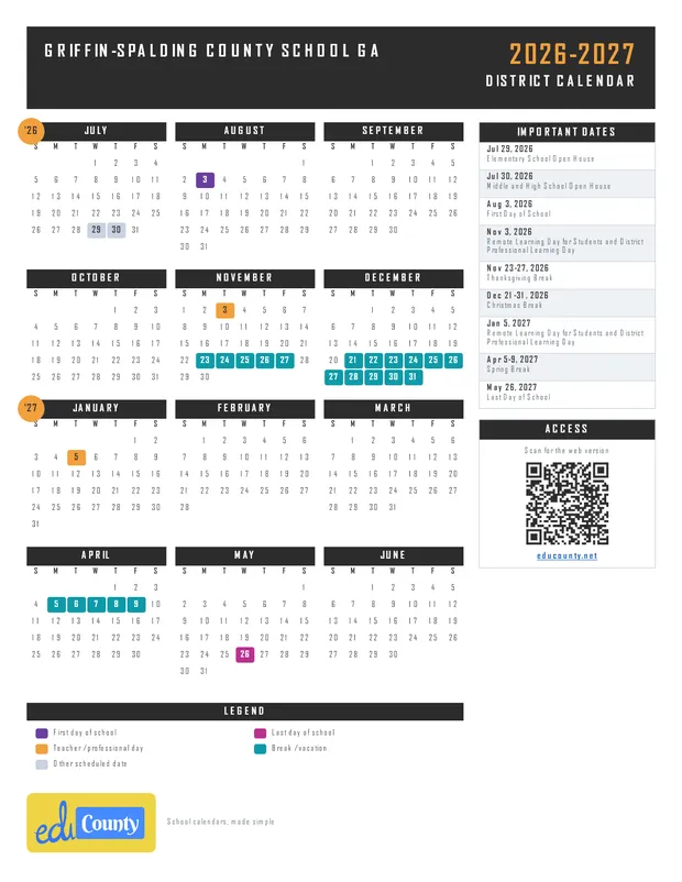 Griffin-Spalding County School printable 2026-27 calendar
