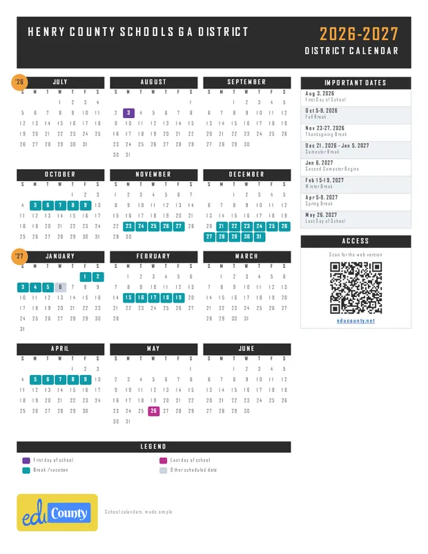 Henry County Schools GA District printable 2026-27 calendar