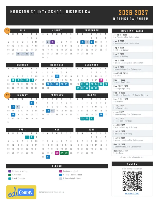 Houston County School District printable 2026-27 calendar