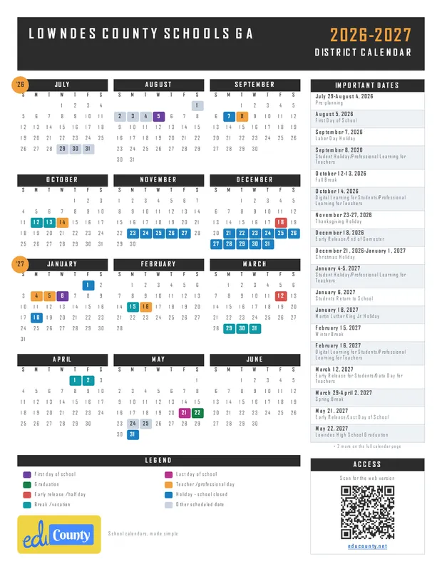 Lowndes County Schools printable 2026-27 calendar