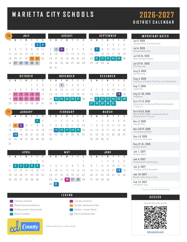 Marietta City Schools printable 2026-27 calendar