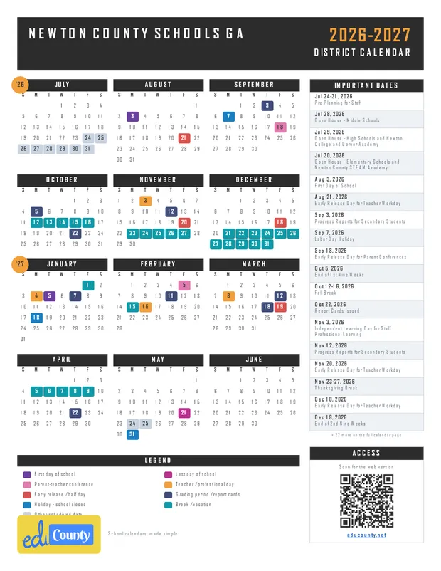 Newton County Schools printable 2026-27 calendar